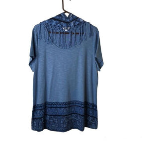One World Sz XL Womens Live And Let Live Short Sleeve T‎ Shirt Blue Fringe Scarf